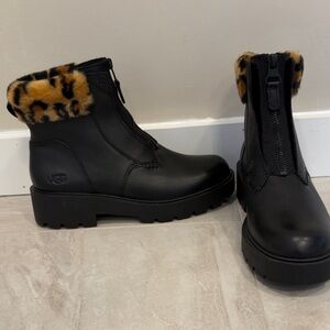 UGG Black Boots with Leopard Print Trim